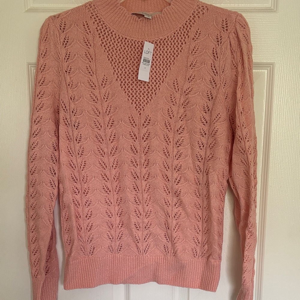 LOFT Pink Lace-Knit V-Inset Pullover Sweater